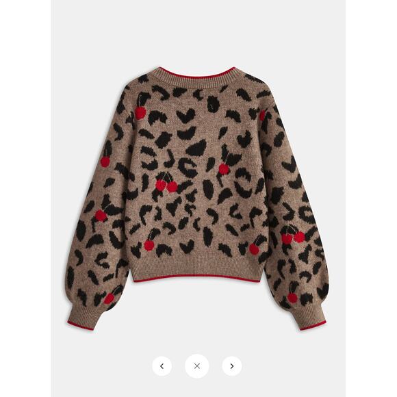 Commense Cherry Leopard Print Knit Cardigan Sz S - Picture 2 of 5